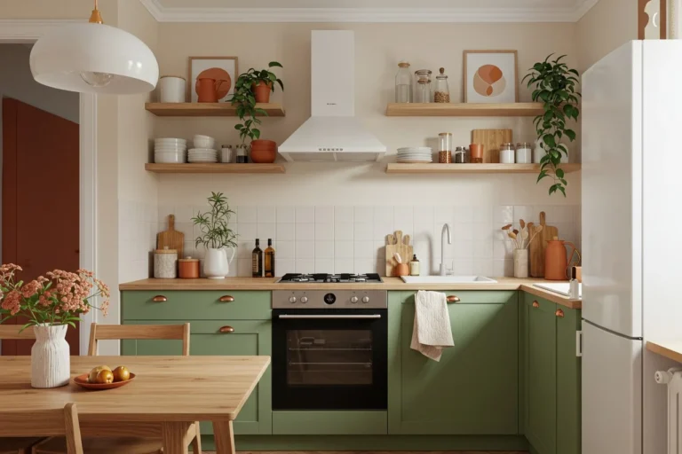 Warm-toned apartment kitchen with cozy modern style