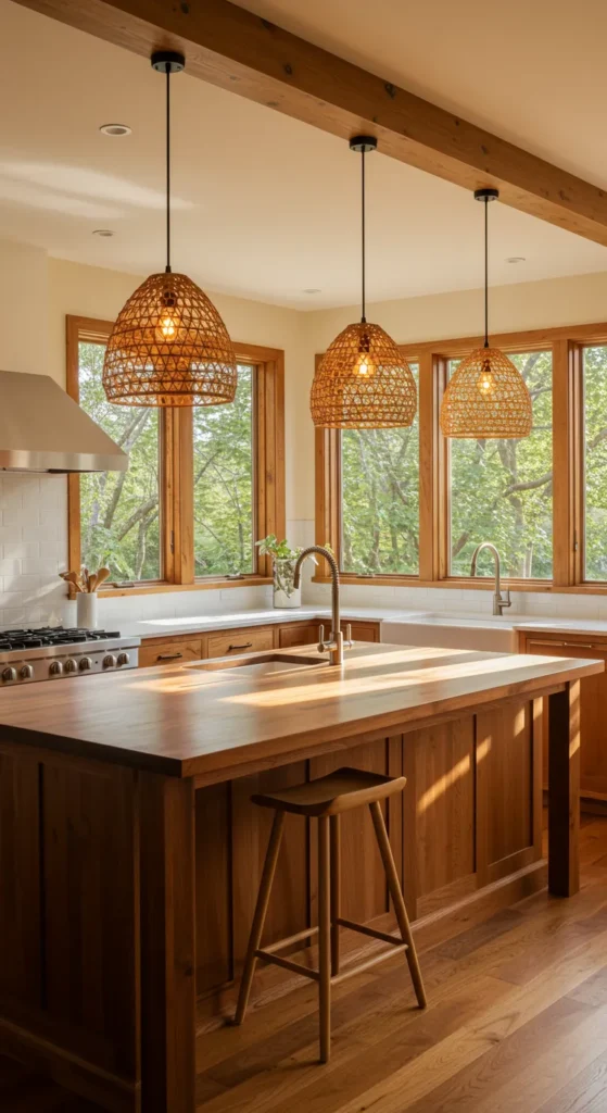 8 Amazingly Simple Earthy Kitchen Ideas Well-lit kitchen with natural and rattan pendant lighting
