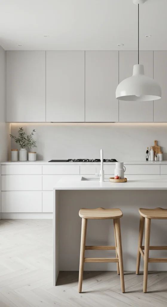 7 Elegant Minimalist Kitchen Ideas for a Modern Look White and gray kitchen with wooden accents and calming tones