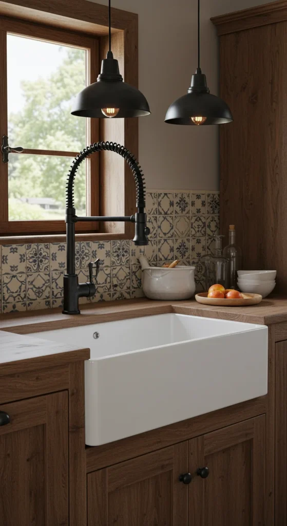 7 Stylish Kitchen Sink Ideas to Transform Your Space White farmhouse sink with black faucet in a cozy rustic kitchen