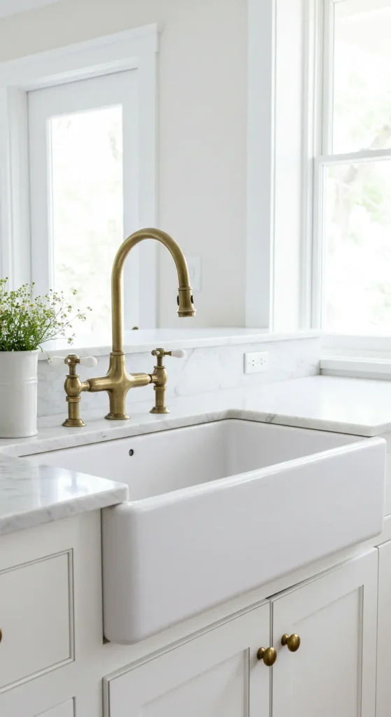 7 Elegant All White Kitchen Ideas to Refresh Your Space White farmhouse sink with brass faucet in bright kitchen