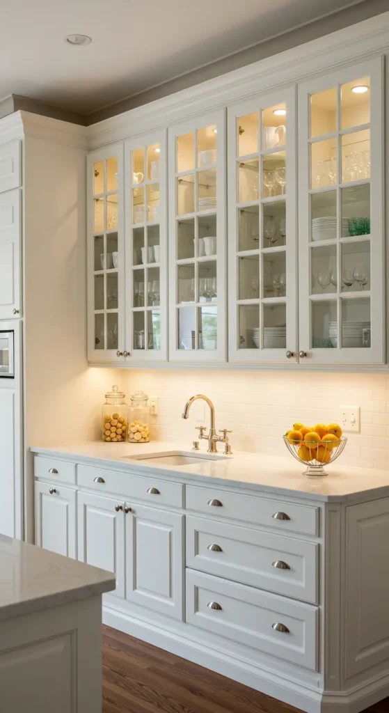 7 Timeless White Kitchen Cabinet Styles to Love White glass-front cabinets displaying elegant dishes