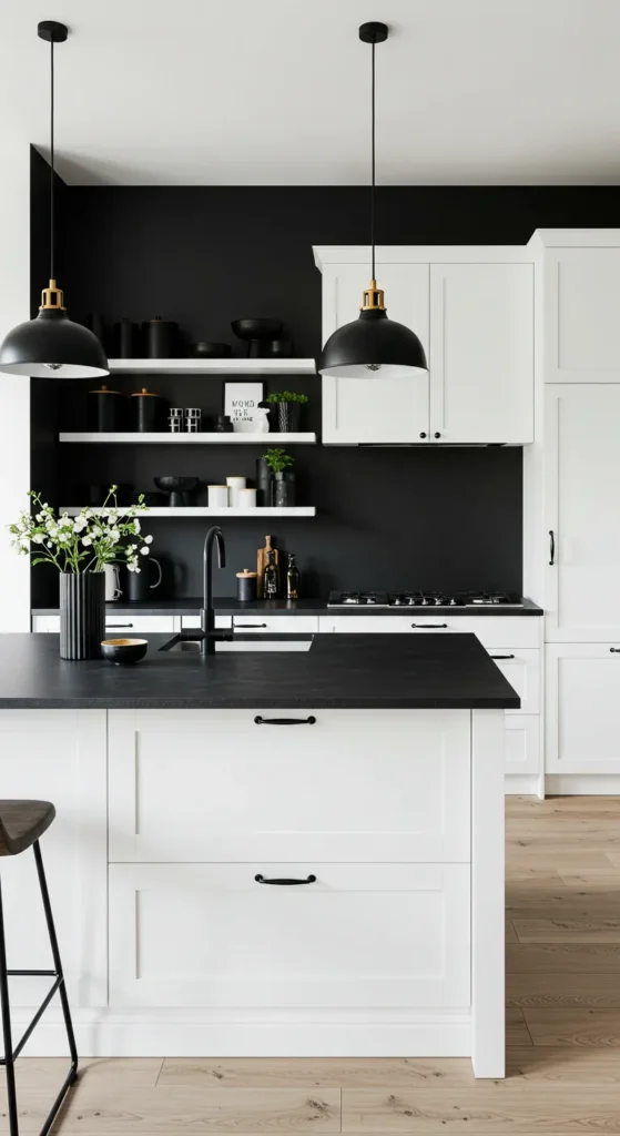 8 Stunning Black Kitchen Ideas That Ooze Chic Style White kitchen with black accent wall and accessories