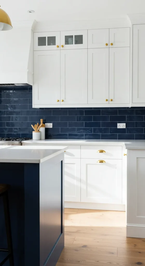 8 kitchen colour combination That Wow Your Space White kitchen with navy blue island and backsplash