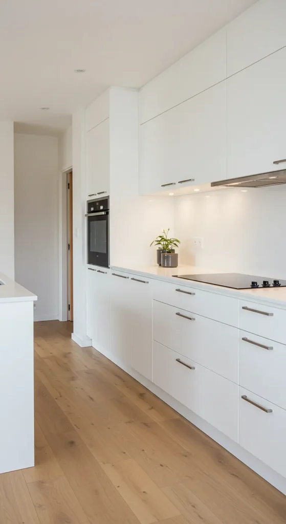 6 Best Cost-Effective Modular Kitchen Design Ideas White minimalist cabinets in a bright modular kitchen layout