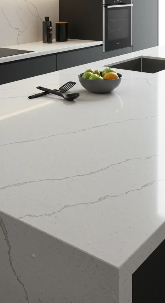 6 Kitchen Countertop Materials You Must Know White quartz countertop with subtle veining in a clean modern kitchen