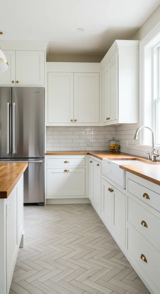 8 Stunning Kitchen Backsplash Ideas to Try Now White subway tile backsplash in herringbone pattern