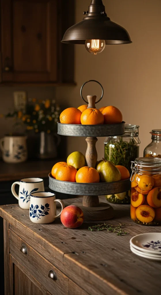 8 Kitchen Shelving Ideas for Stylish Storage Wooden tiered stand with fruits and mugs on a rustic counter