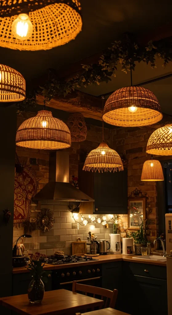 9 Beautiful Boho Kitchen Ideas You Need To Try Woven light fixtures and warm lighting in boho kitchen