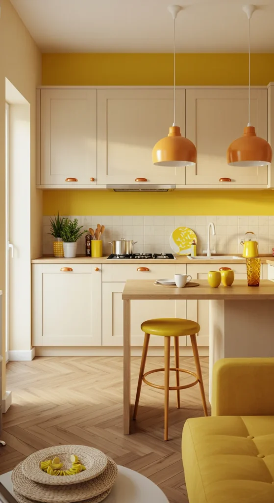 8 Warm Color Palettes for Apartment Kitchens Yellow and beige apartment kitchen with cheerful feel