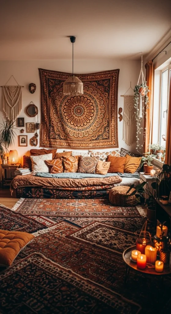 7 Stylish living room wall decor ideas A boho living room with a large fabric tapestry on the wall