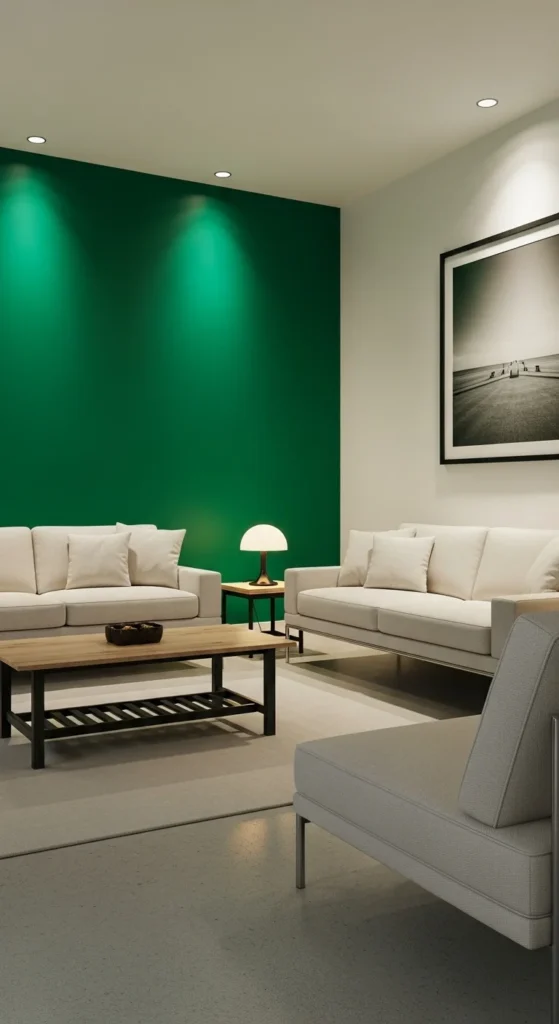 7 Stylish living room wall decor ideas A bold green living room wall that contrasts with neutral decor