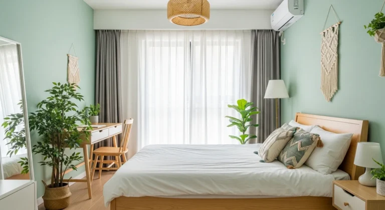 A calm green bedroom with soft walls, plants, and light wood