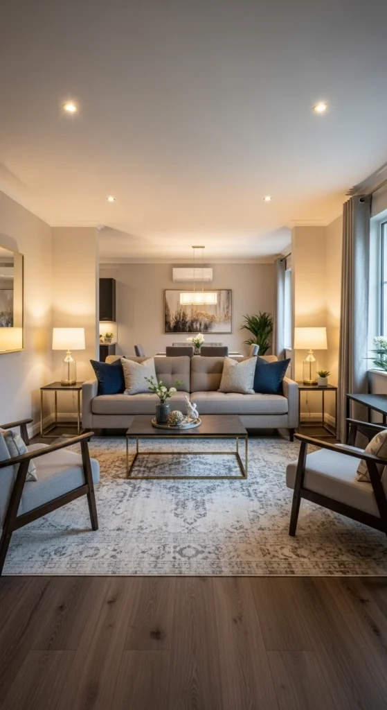 6 Long Narrow Living Room Layouts That Really Work A central sofa layout in a long narrow living room with accent chairs