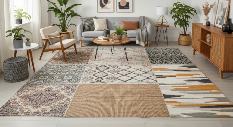 A collage of seven living room rug styles, from Persian to modern abstract