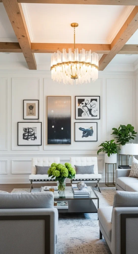 7 Stylish living room wall decor ideas A living room with wainscoting, crown molding, and ceiling beams