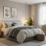 A modern dream bedroom with layered bedding and warm lighting