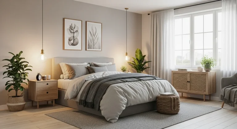 A modern dream bedroom with layered bedding and warm lighting