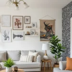 A modern living room showing 7 creative wall decor ideas in one view