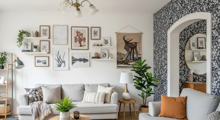 A modern living room showing 7 creative wall decor ideas in one view