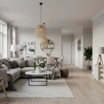 A stylish and well-arranged long narrow living room with cozy zones