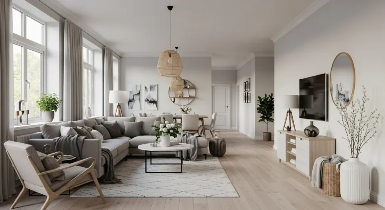 A stylish and well-arranged long narrow living room with cozy zones