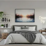 A stylish bedroom with various creative wall decor elements