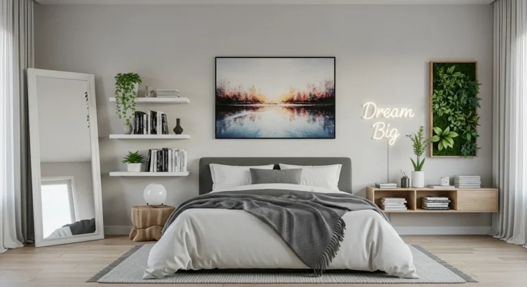 A stylish bedroom with various creative wall decor elements