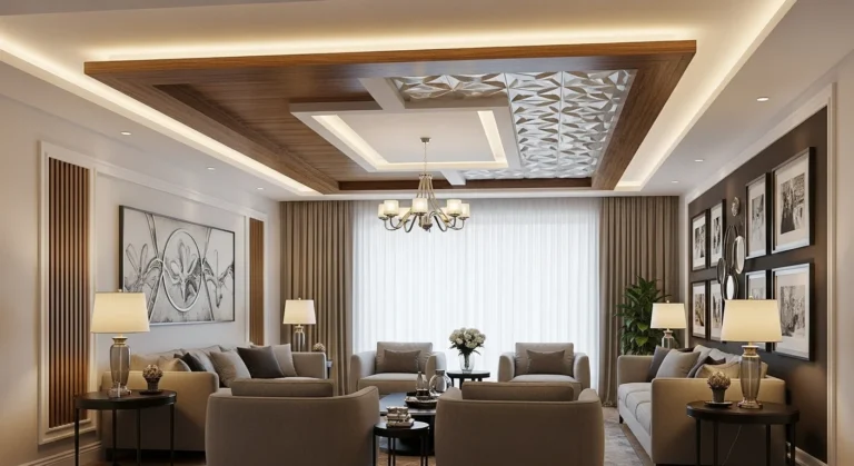A stylish living room showcasing mixed-material false ceiling designs