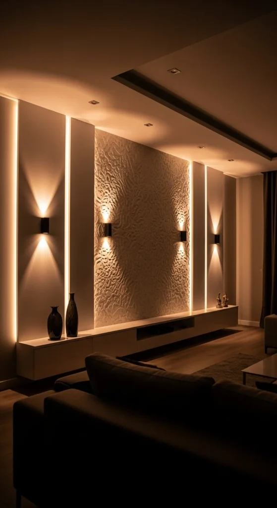 Accent wall with LED lighting and wall sconces in living room