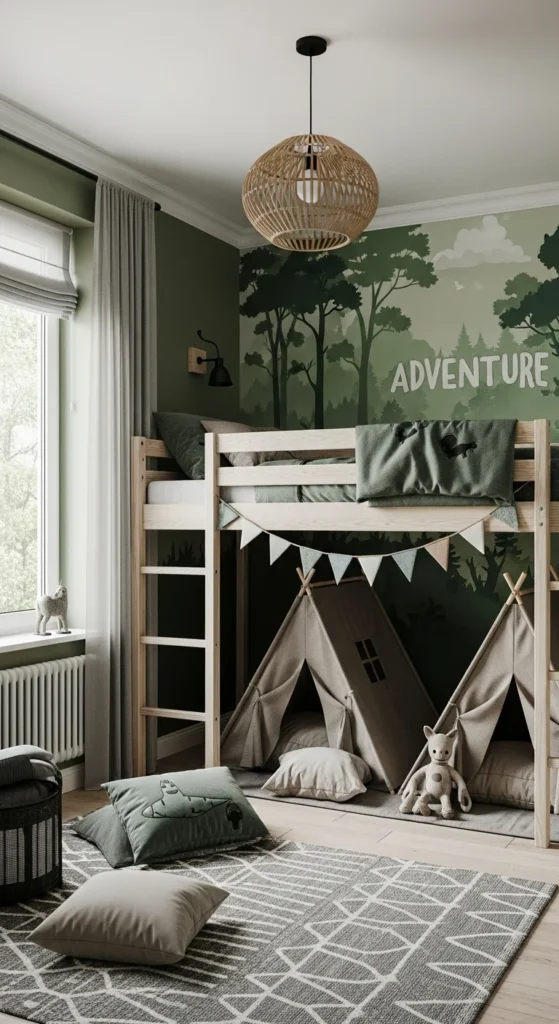 5 Practical Boys Bedroom Ideas to Inspire You Adventure-themed boys' bedroom with forest mural and play zone