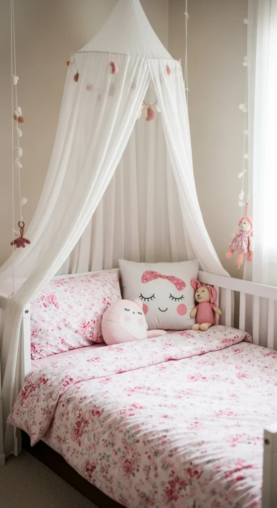 10 Toddler Girl Bedroom Ideas On A Budget To Love Affordable toddler bedding with floral patterns and a dreamy canopy