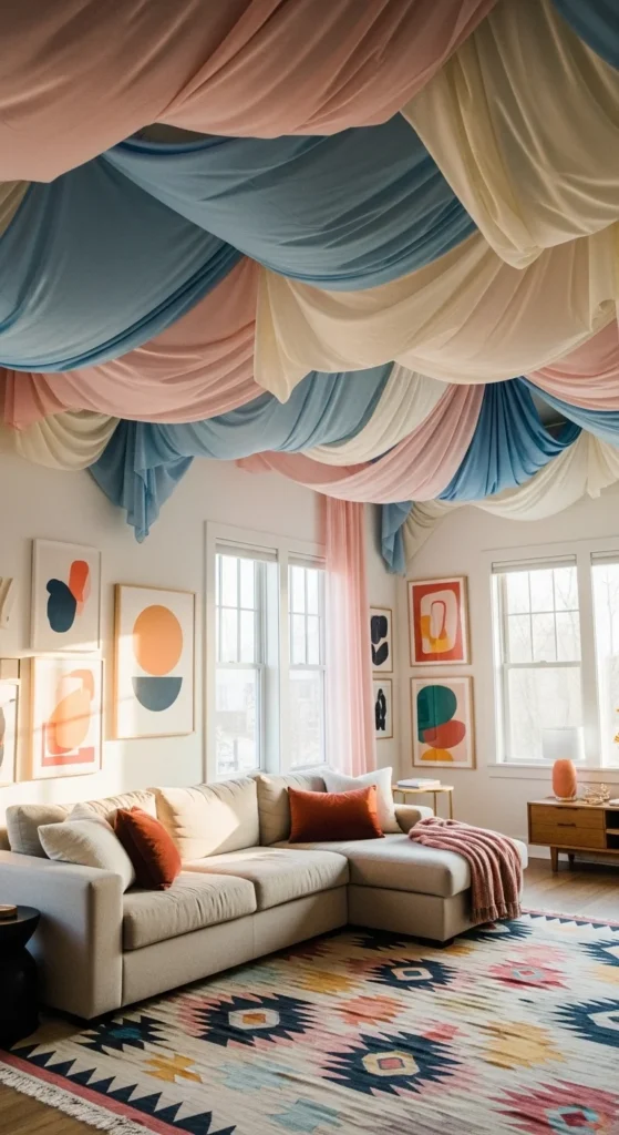 7 Popular Living Room False Ceiling Designs Airy living room with draped fabric mesh ceiling