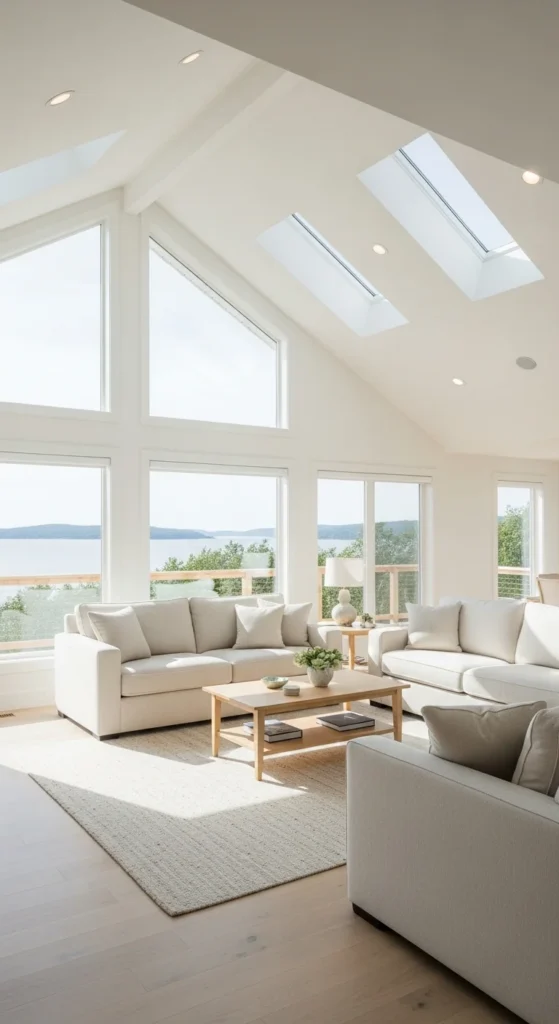 9 Half Vaulted Ceiling Living Room Designs Airy living room with skylights and a white half-vaulted ceiling