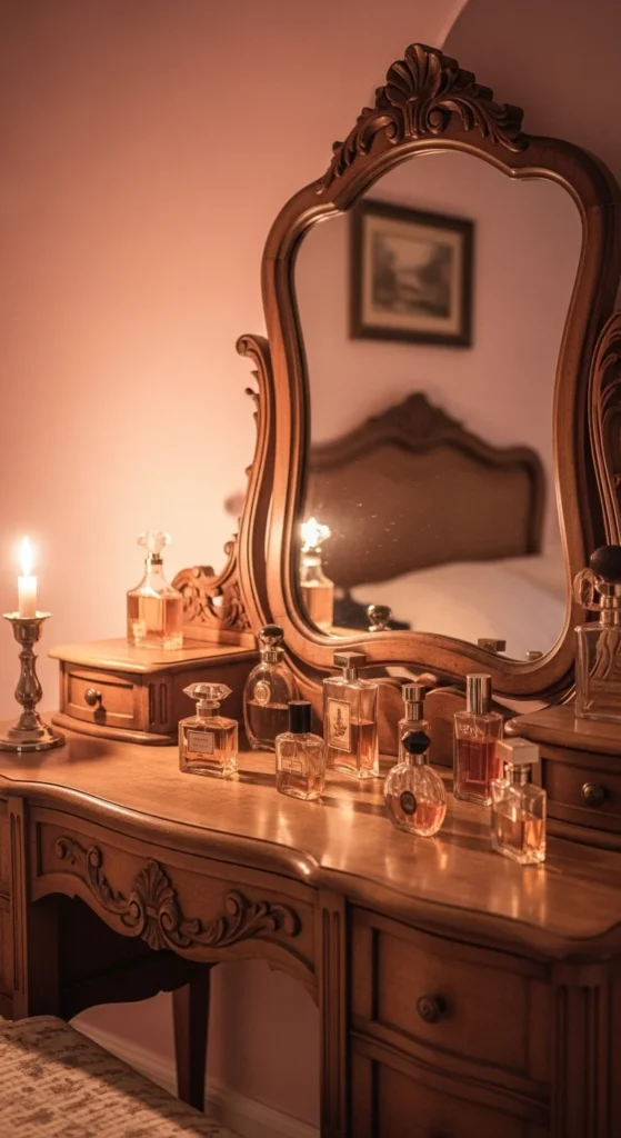 10 Bedroom Vanity Ideas You'll Want to Have Antique wood vanity with vintage mirror and perfume bottles