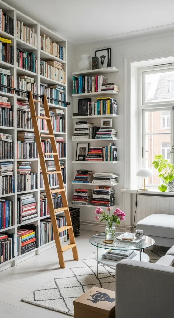 Apartment living room with tall shelves using vertical space