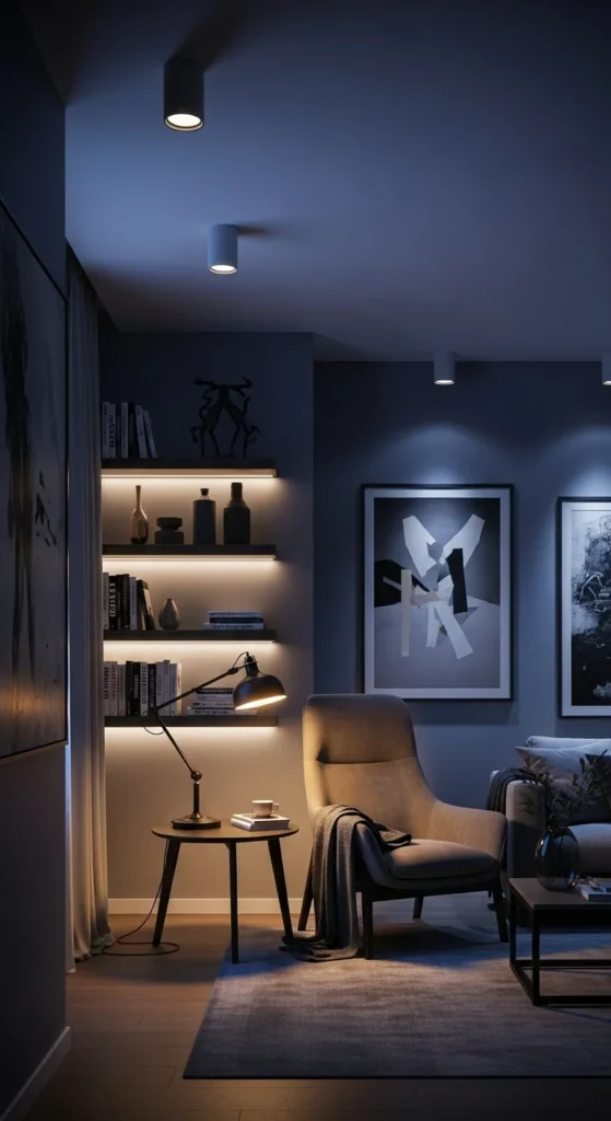 Apartment living room with warm layered lighting