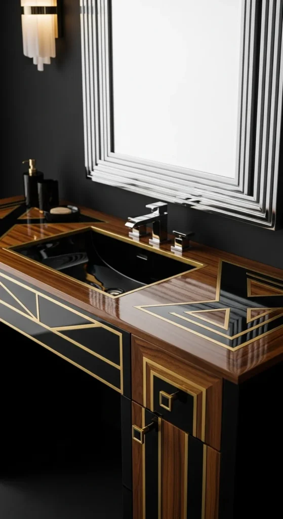 10 Bedroom Vanity Ideas You'll Want to Have Art Deco vanity with geometric mirror and bold colors