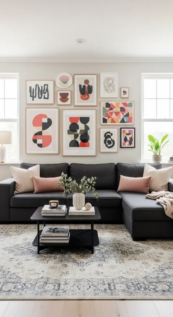 10 Dark Grey Couch Living Room Ideas You’ll Love Art displayed above grey couch in a coordinated palette