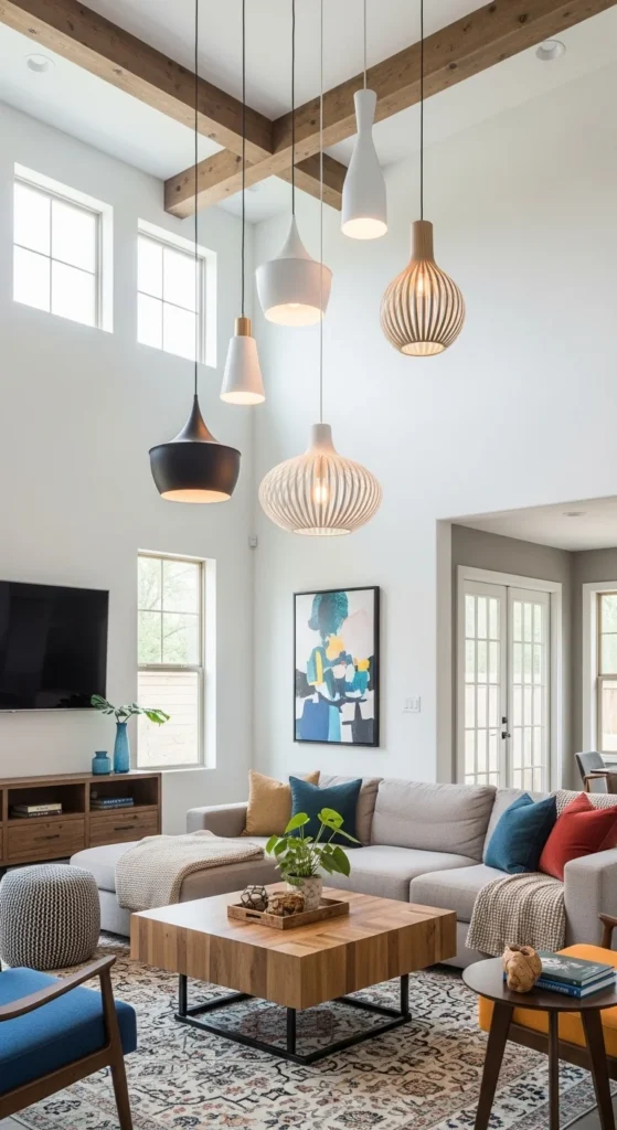 9 High Ceiling Living Room Lighting Ideas Artistic pendant lights hanging in a modern high-ceiling space