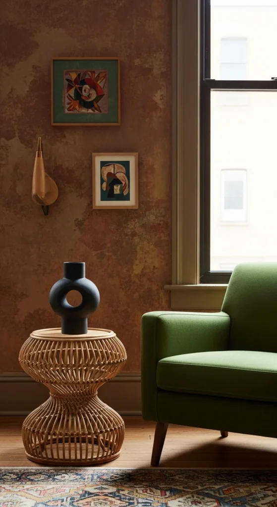 6 Living Room Table Ideas to Elevate Comfort & Functionality Artistic rattan accent table next to a statement armchair