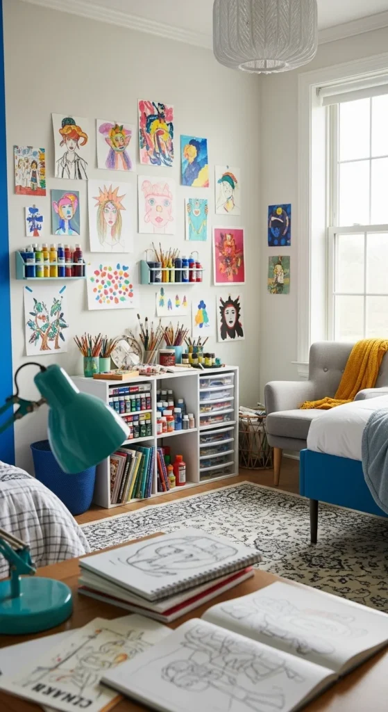 7 Awesome Teen Boy Bedroom Ideas Artistic teen bedroom with art supplies and gallery wall