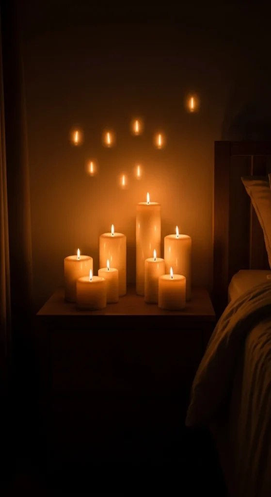 6 Cozy Dark Bedroom: Embrace Warmth and Intimacy Assorted candles glowing in a dark, cozy bedroom corner