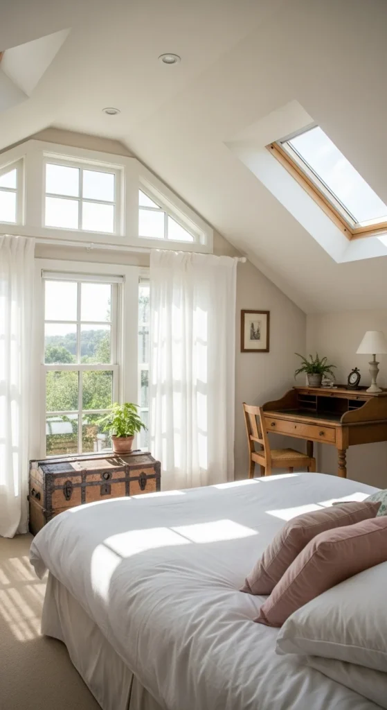 6 Attic Bedroom Design Ideas for Your Custom Home Open-concept attic bedroom with sleeping and work zones