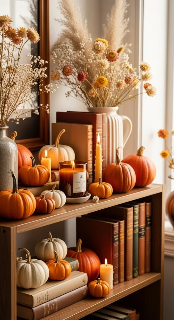10 Creative Living Room Shelf Decorating Ideas You’ll Love Autumn-themed shelf decor with pumpkins and warm colors
