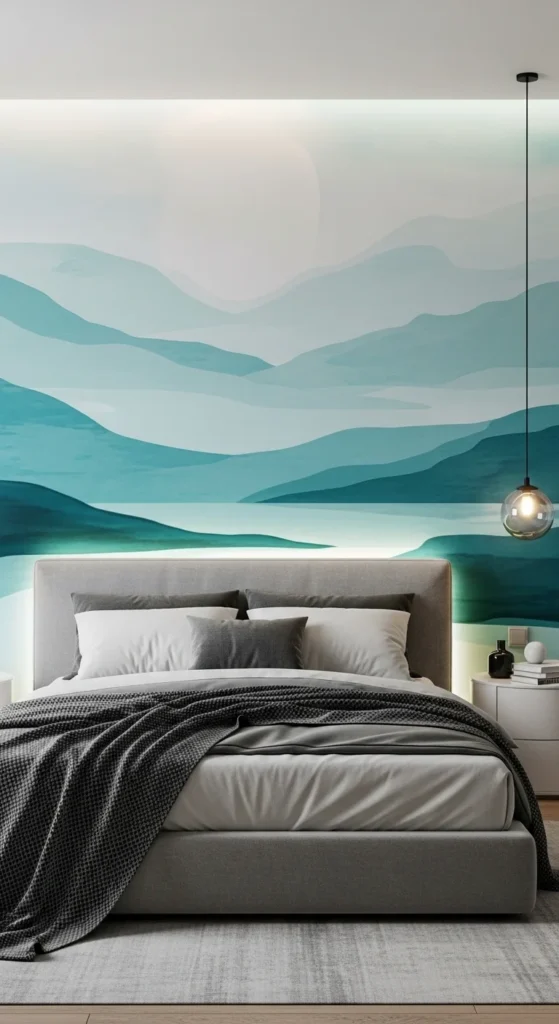 8 Trendy Bedroom Wall Accents With Backlit Magic Backlit abstract mural wall behind bed in modern bedroom