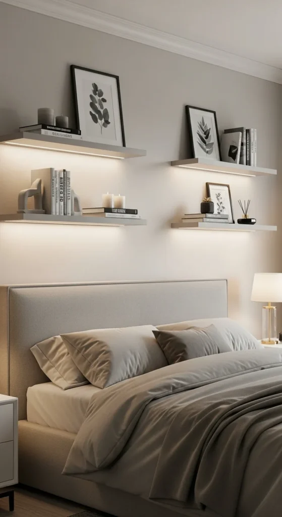 8 Trendy Bedroom Wall Accents With Backlit Magic Backlit floating shelves with decor items in bedroom