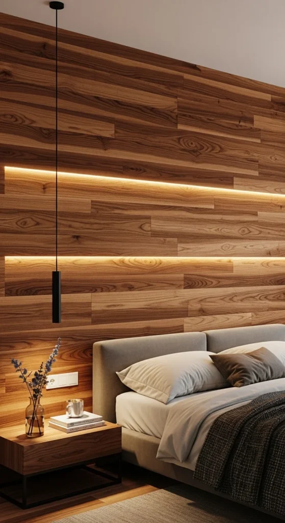 8 Trendy Bedroom Wall Accents With Backlit Magic Backlit wooden accent wall adding warmth to bedroom