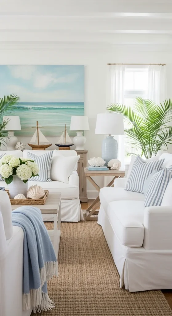 6 Light Blue Living Rooms That Feel Cool & Cozy Beach-inspired light blue living room with nautical touches and coastal decor