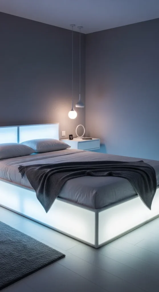 6 Best Bedroom LED Light Ideas Bed frame with built-in LED lighting creating a floating effect